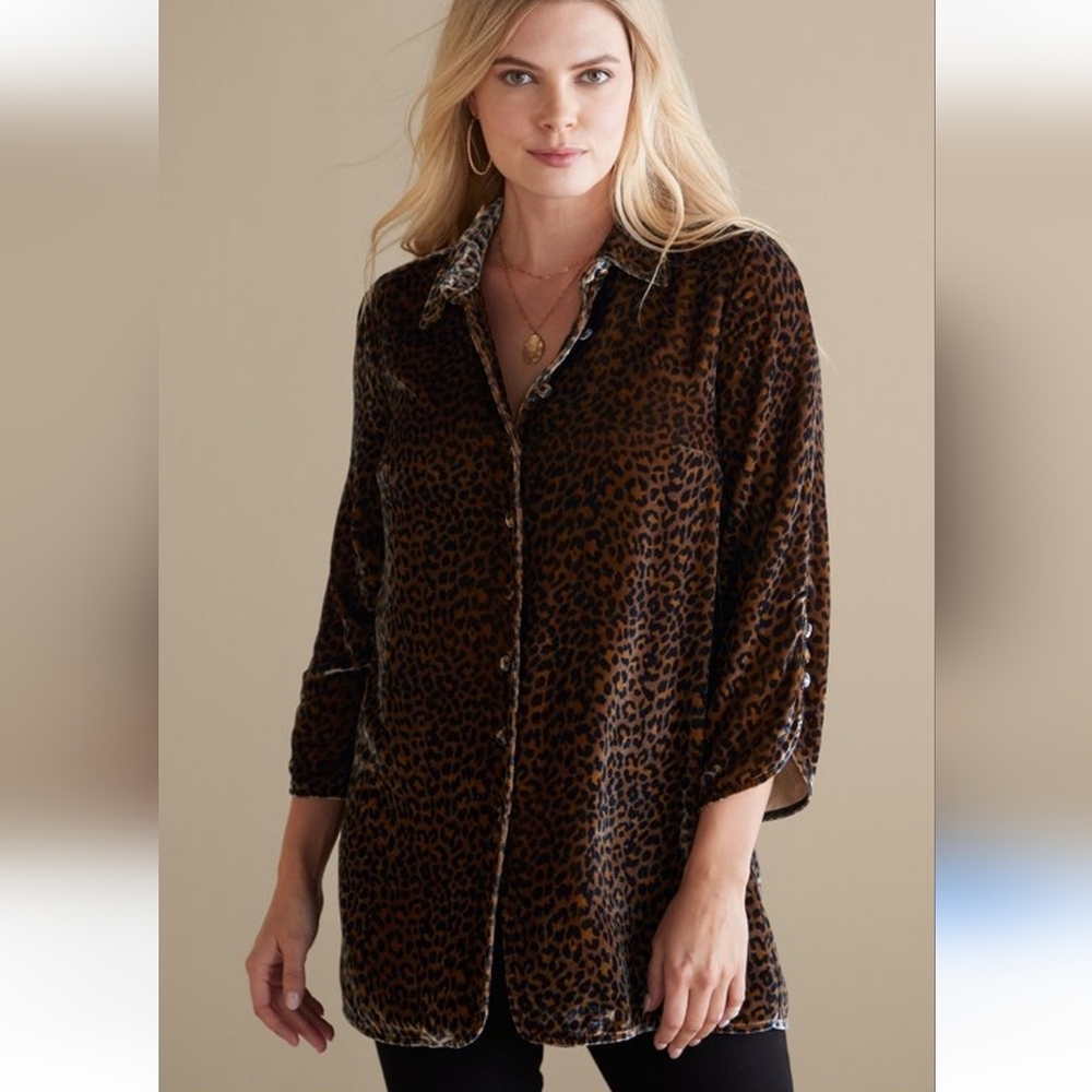 Soft Surroundings Icon Silk Velvet Poets leopard tunic shirt blouse‎ cheetah NWT
